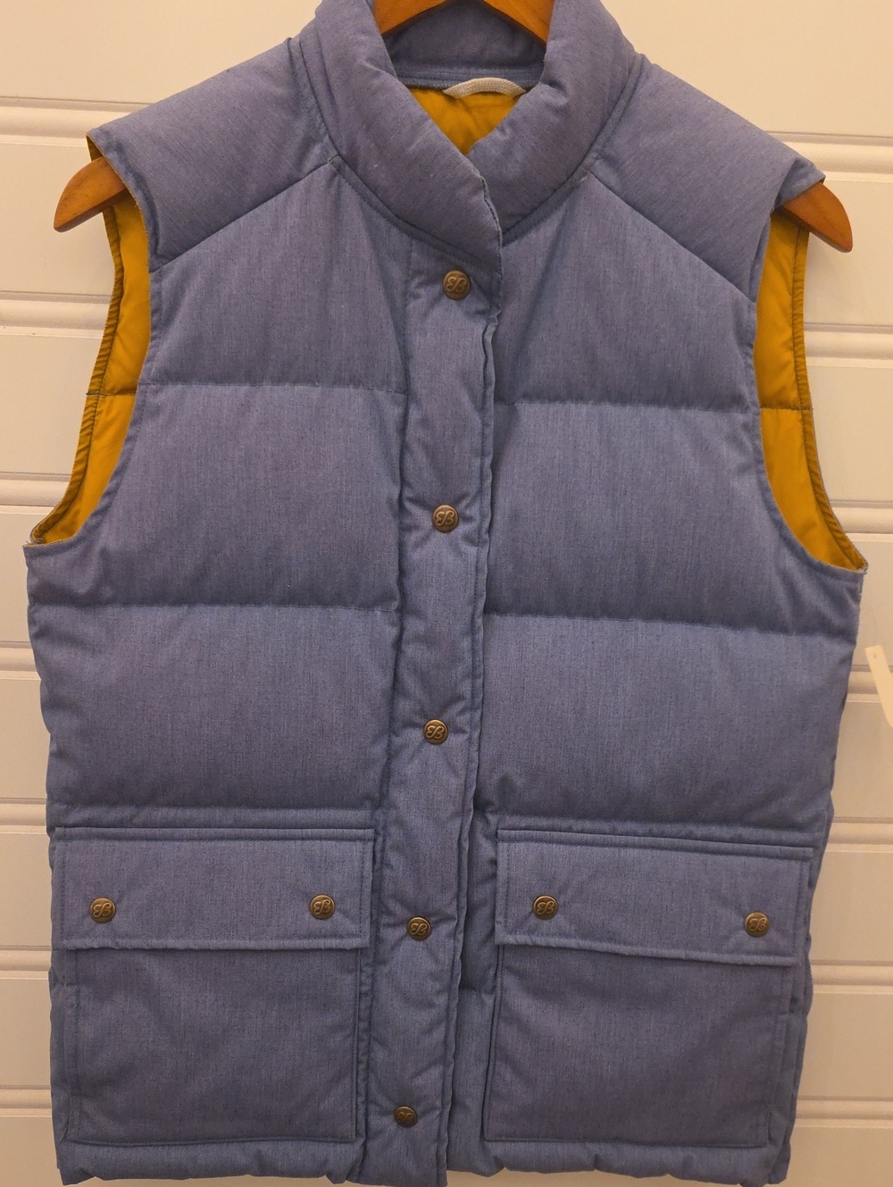 Eddie Bauer MENS  Blue Quilted Puffer Vest with Mustard Trim